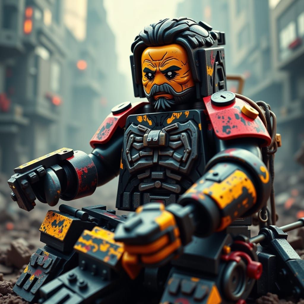 Cyberpunk Lego Soldier in War-Torn Cityscape