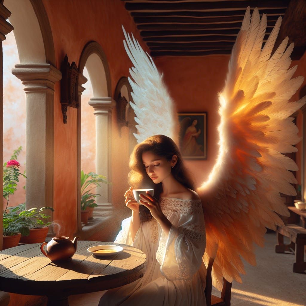Ethereal Mexican Angel Sips Coffee in Warm Morning Light