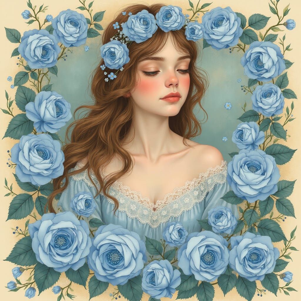 Whimsical Woman Surrounded by Blue Roses in Art Nouveau Styl...