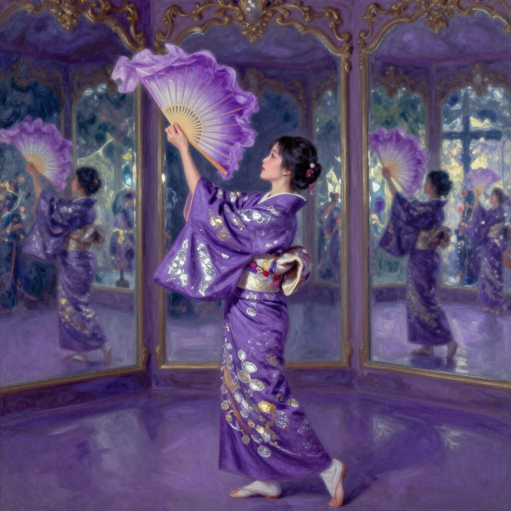 Woman in Purple Kimono Fan Dance in Mirror Room