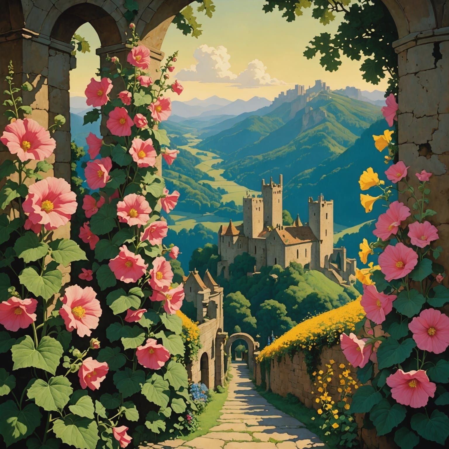 Medieval Hollyhocks in Anime Style