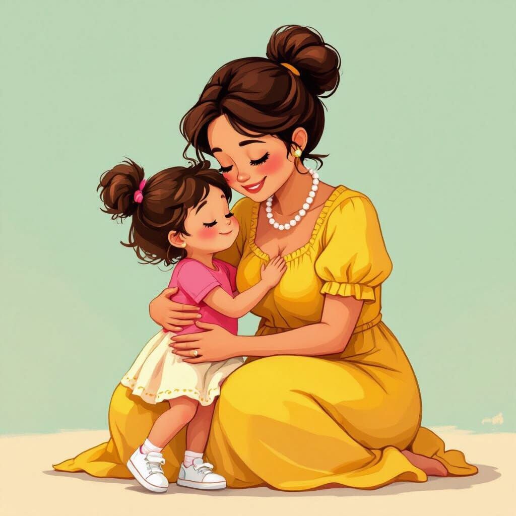 Cartoon Mama and Daughter in Tender Embrace