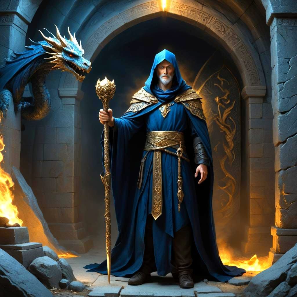 Handsome Wizard in Tomb with Dragon Staff
