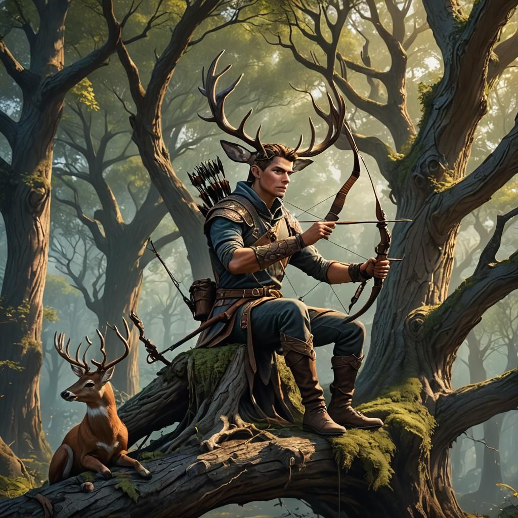 Archer in Tree with Deer, Detailed Matte Painting