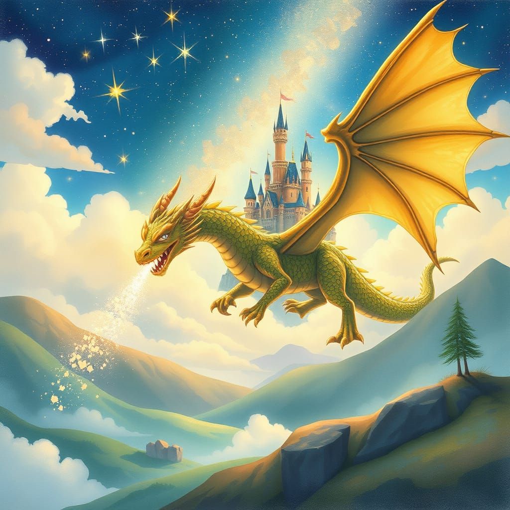 Cosmic Dragon Soaring Over Whimsical Castle