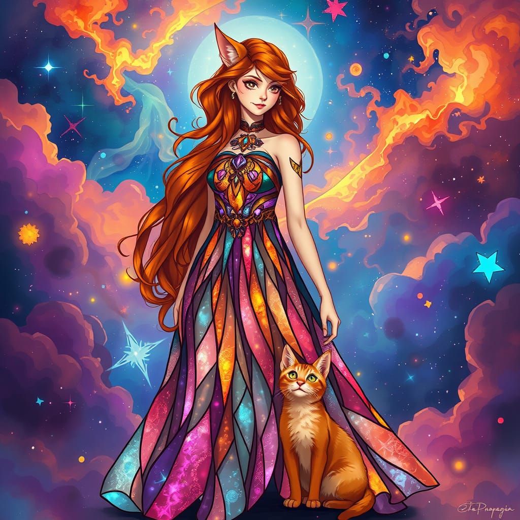 Ethereal Ginger Goddess in Stained Glass Galaxy Dress Amidst...