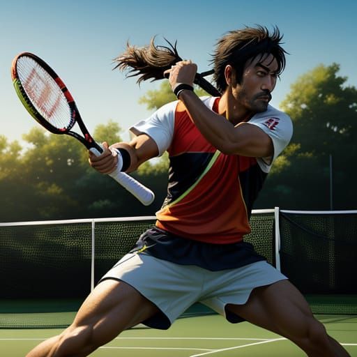 Samurai Masterfully Plays Tennis in Golden Hour Oil Painting