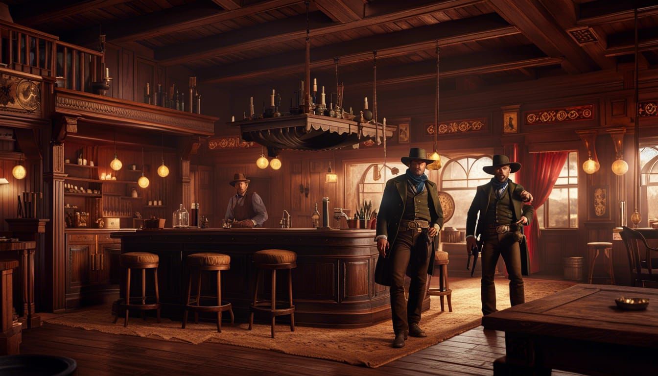 Cowboy Gunfight in Old West Saloon, 1880