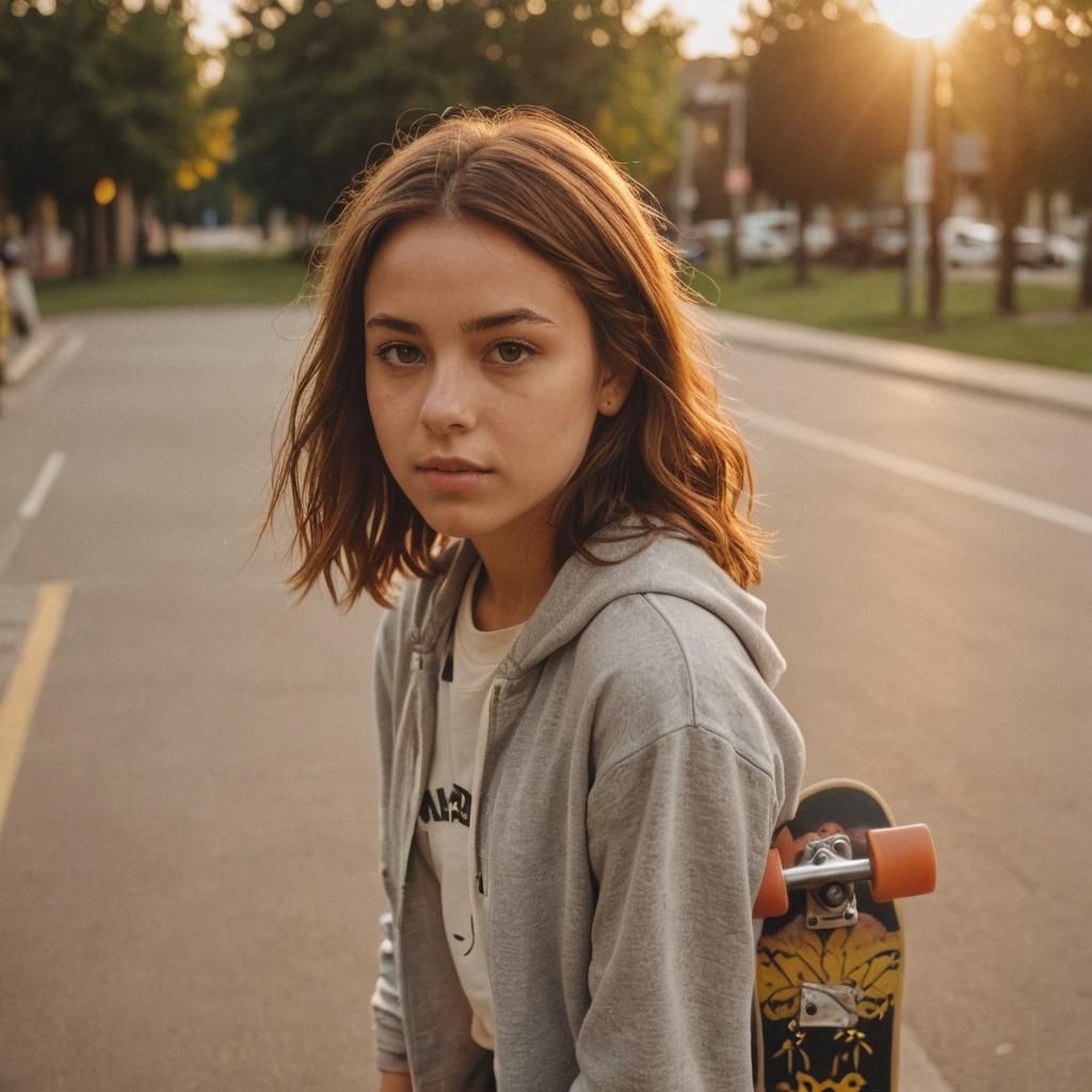 Girl with Skateboard in Golden Hour Lighting