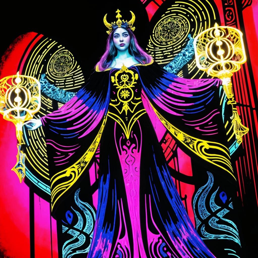 Mystical Shadow Figure in Neon Medieval Manuscript Style