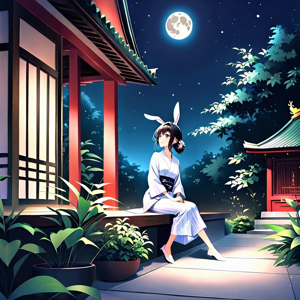 Thai Woman in Moon Rabbit Yukata Under Moonlight