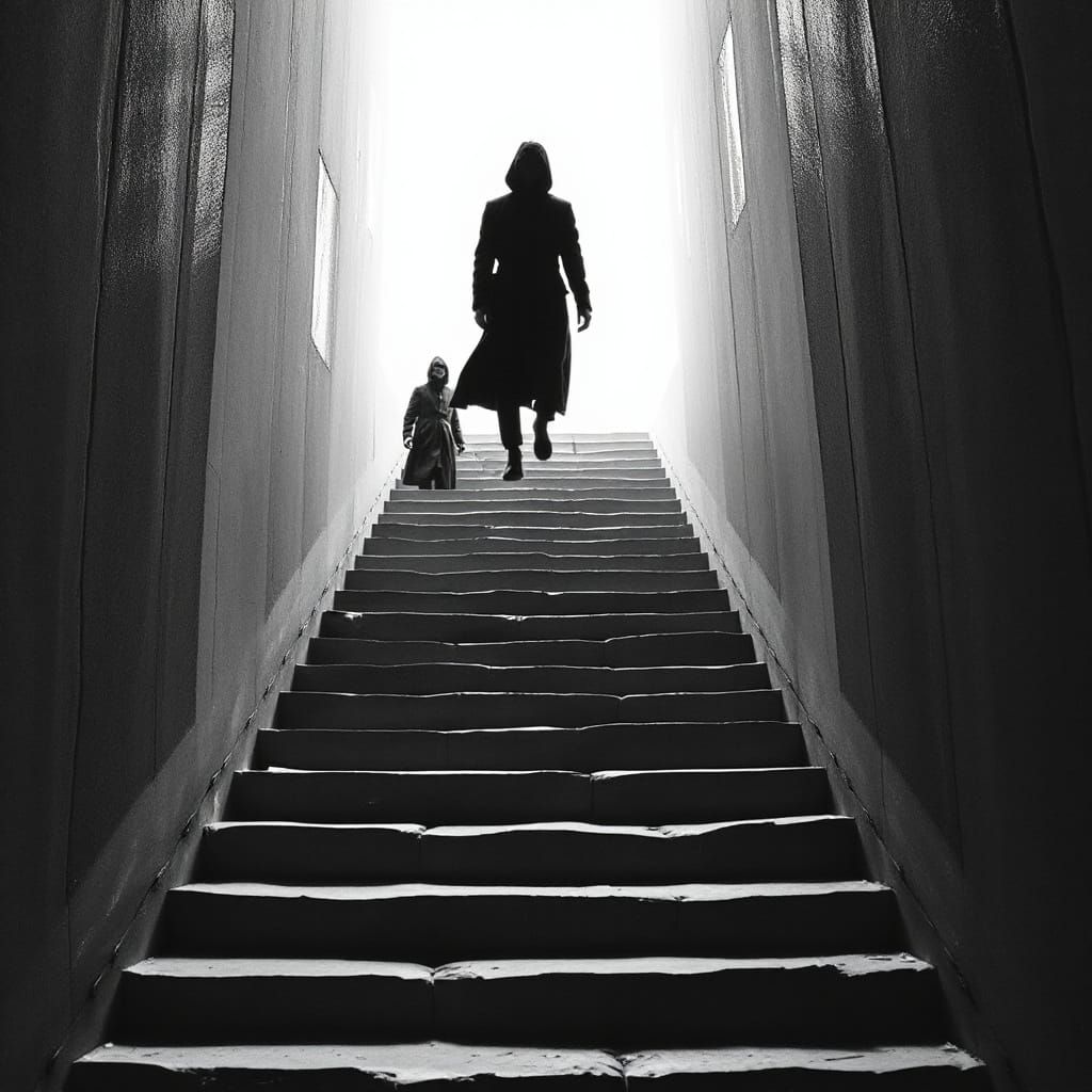 Endless Staircase with Faceless Figure in Surreal Style