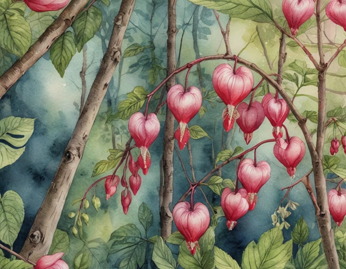 Bleeding Heart Blossoms in Monochrome Watercolor