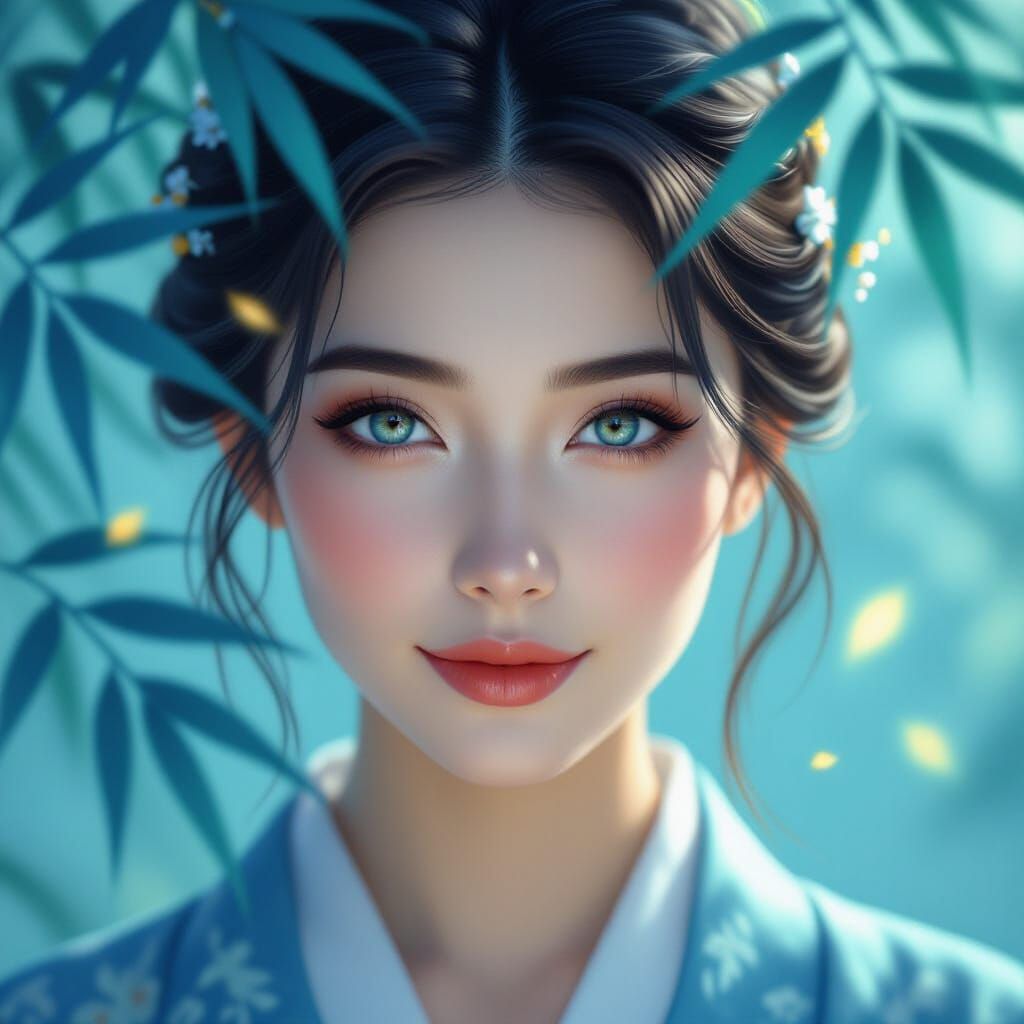 Serene Woman Amidst Blue Bamboo Foliage