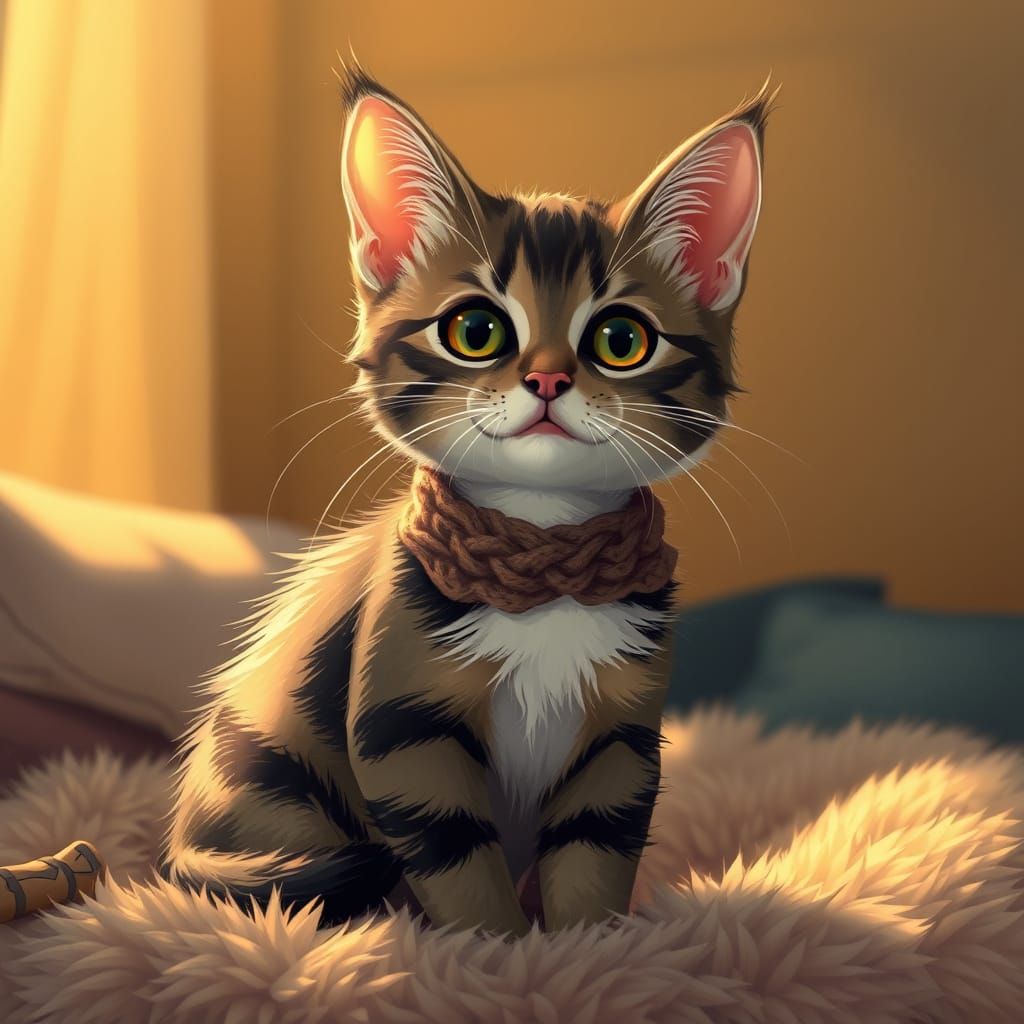 Curious Cat on Cushion in Contemporary Figurative Style