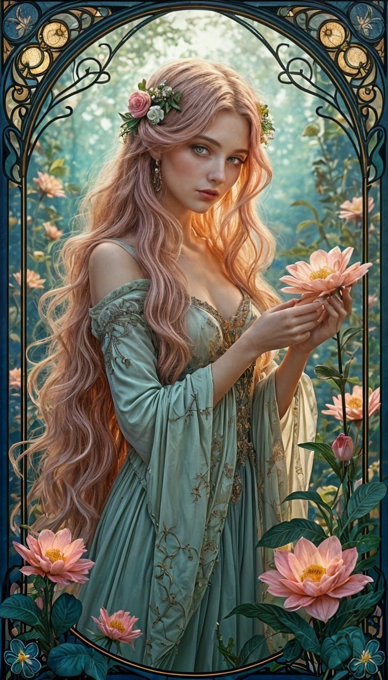 Ethereal Garden: Lady of Moonlight in Art Nouveau Style