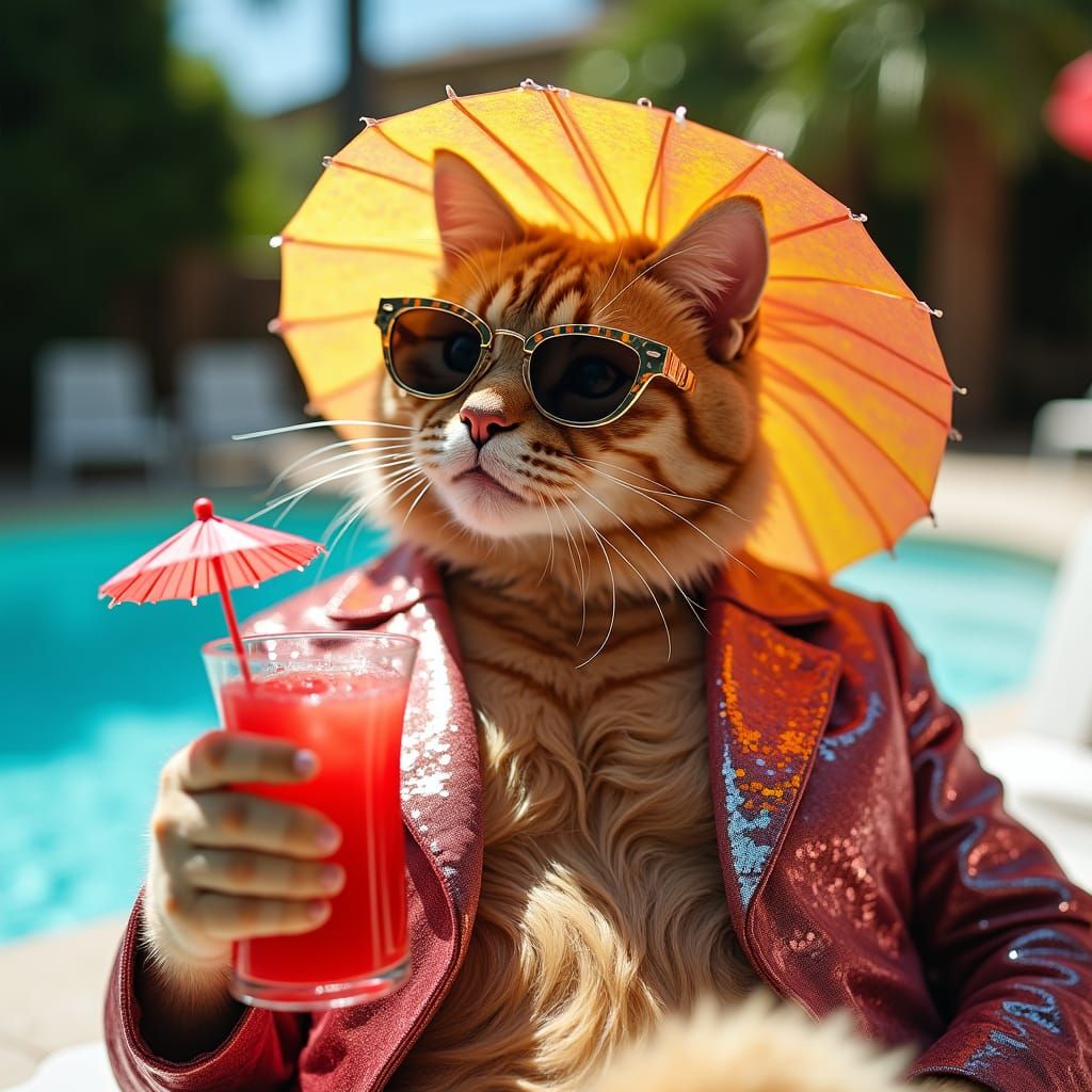 Glamorous Cat Lounges Poolside in Cinematic Lighting