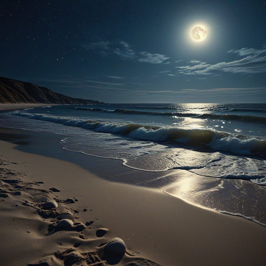 Hyperrealistic Beach Under Full Moon, Cinematic HDR