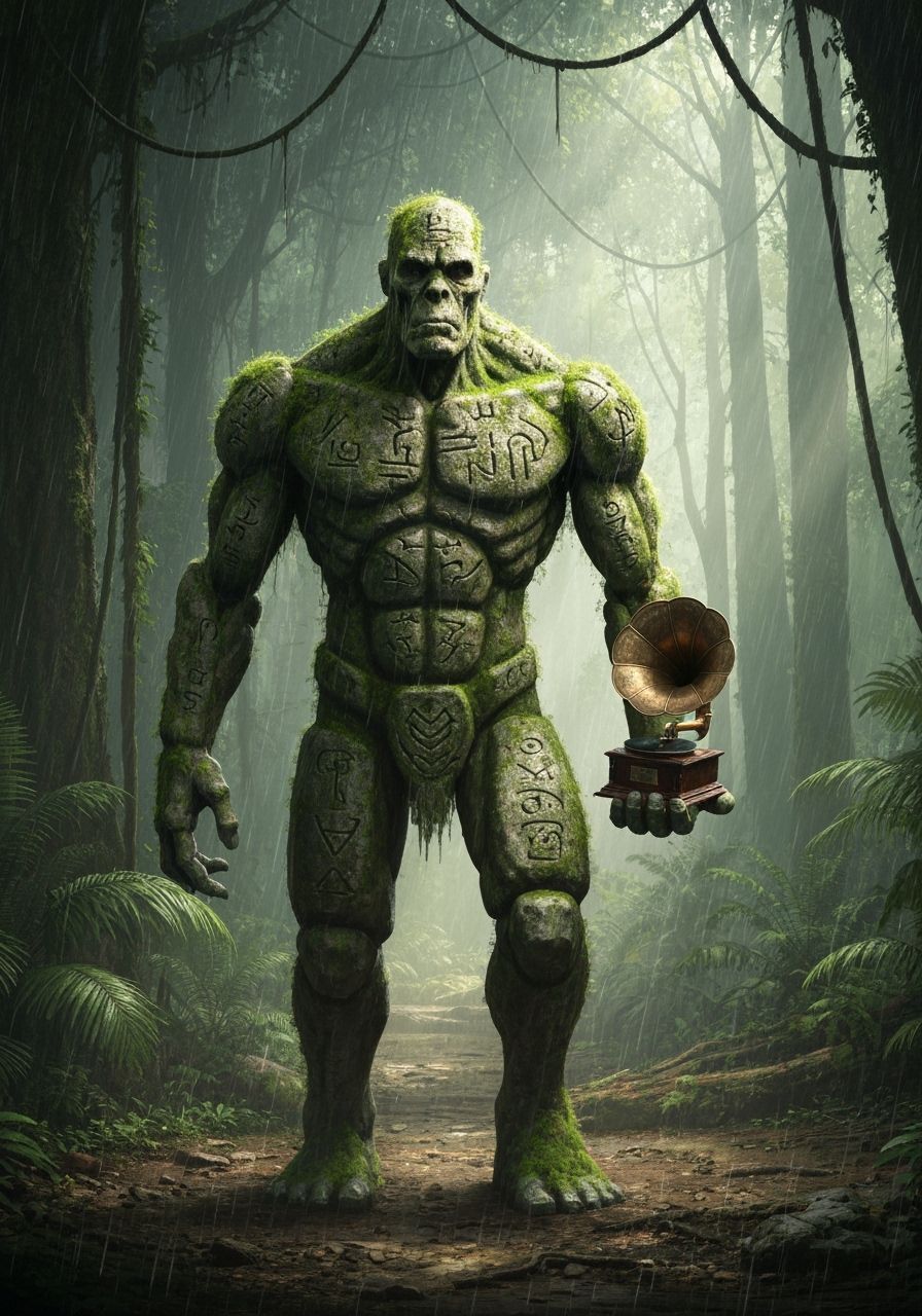 Mossy Golem Sentinel in Rainy Tropical Forest