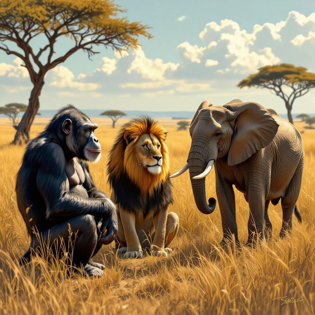 Chimpanzee, Lion, and Elephant Conversation in Savannah