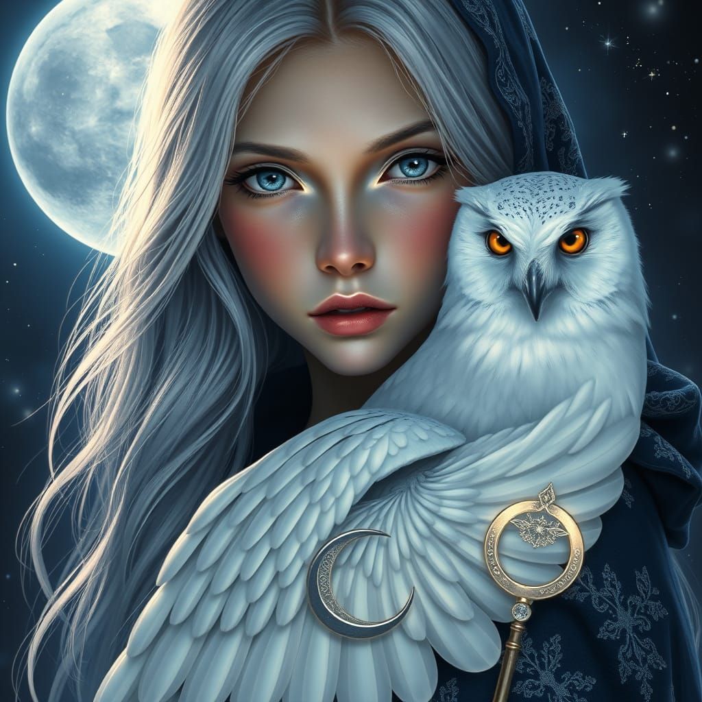 Ethereal Goddess with Owl and Celestial Cloak