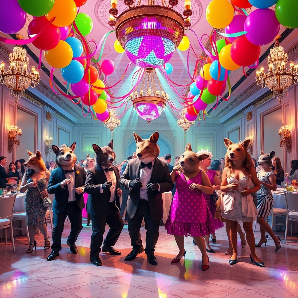 Whimsical Disco Ballroom with Anthropomorphic Animals