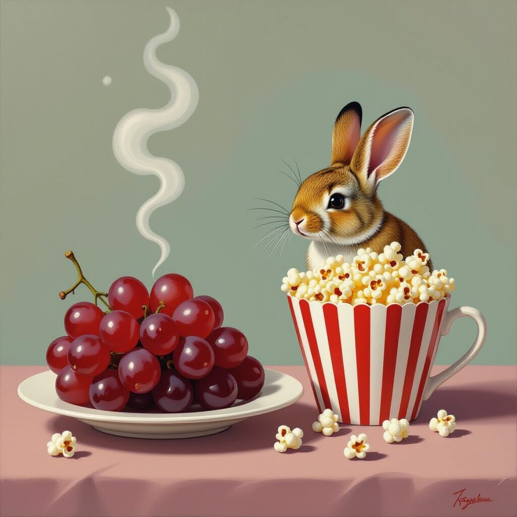 Grapes and Popcorn Meet in Whimsical Still Life Art