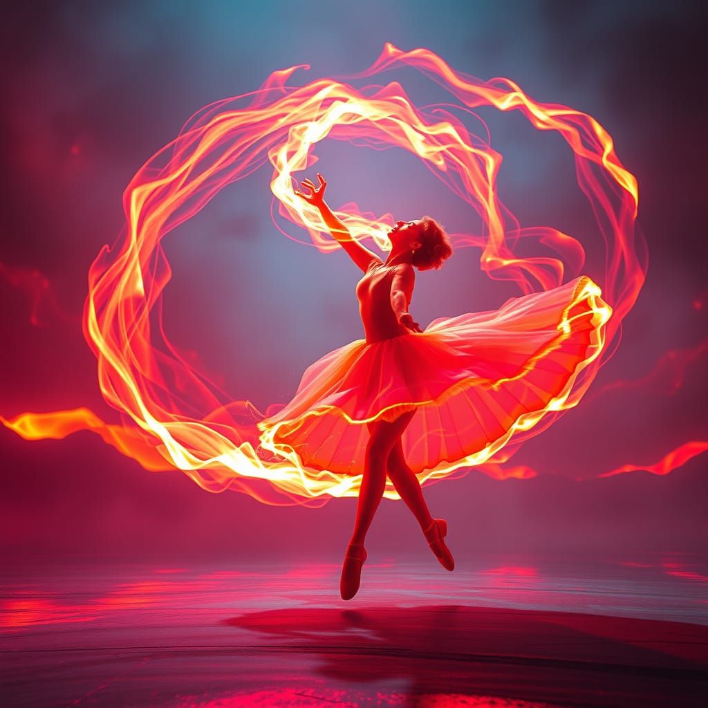 Flaming Ballerina's Fiery Dance in a Neon Landscape