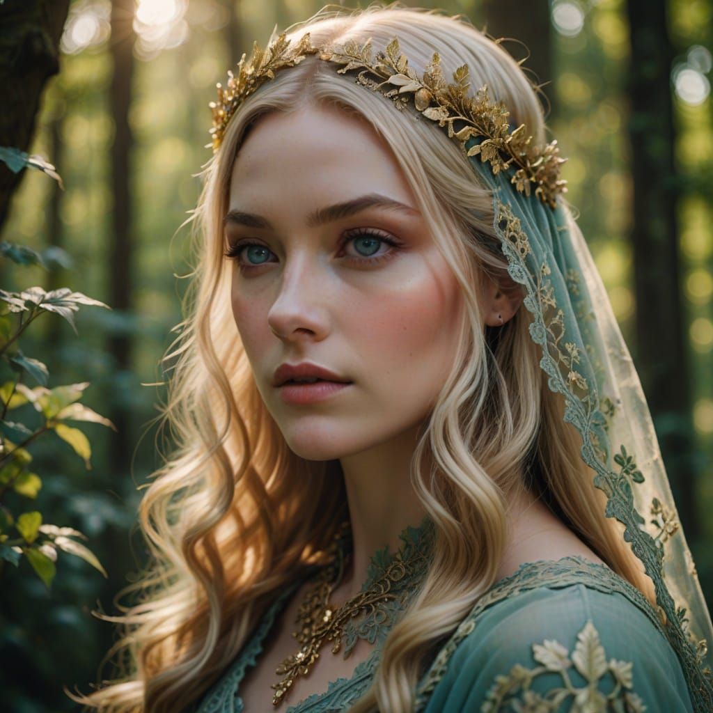Ethereal Portrait of Woman with Green Lace Veil