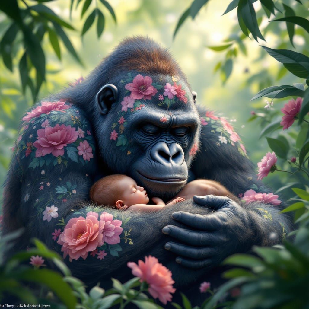 Gentle Gorilla Cradles Sleeping Baby in Vibrant Jungle Scene