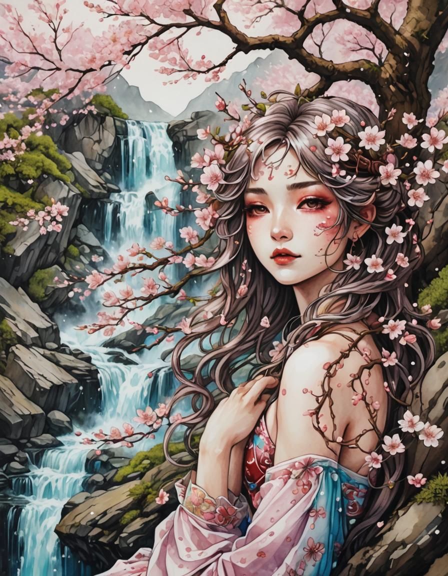 Cherry Blossom Dryad Lounging by Waterfall