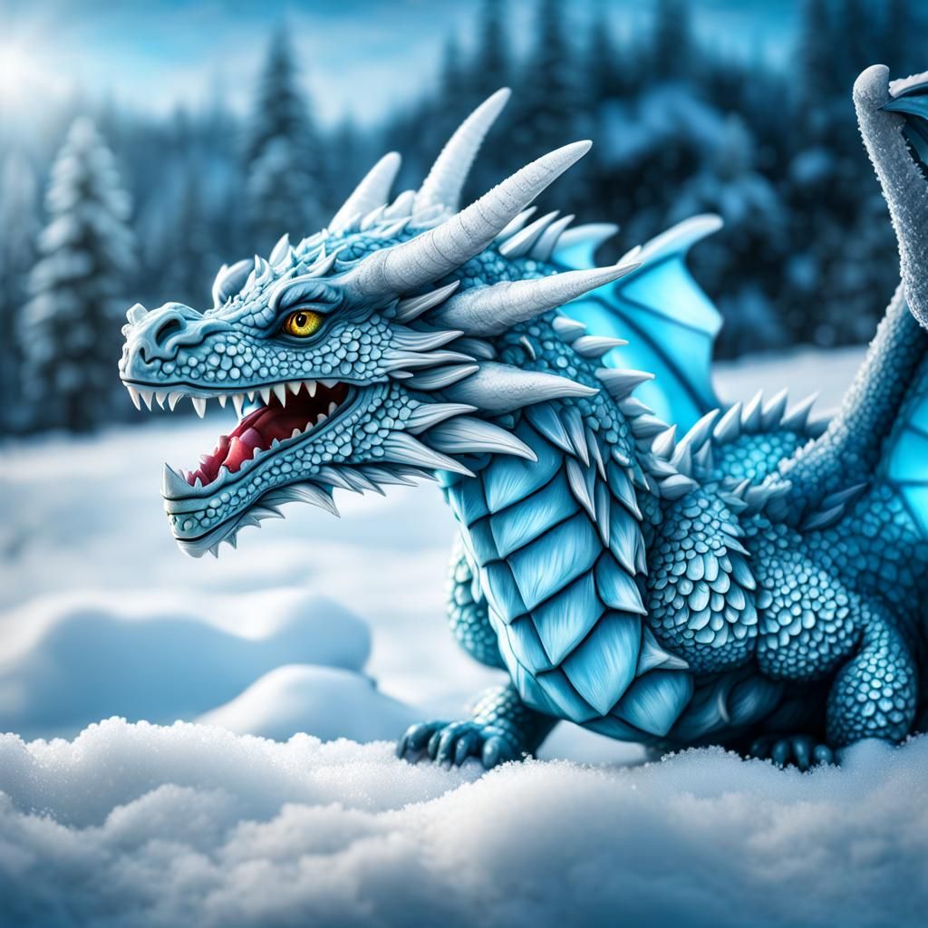 Hyperrealistic Ice Dragon in a Snowy Landscape