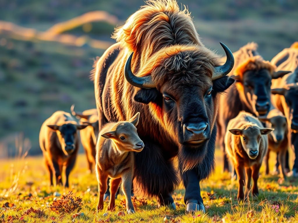 Majestic Bison Family Unites in Warm, Golden Light