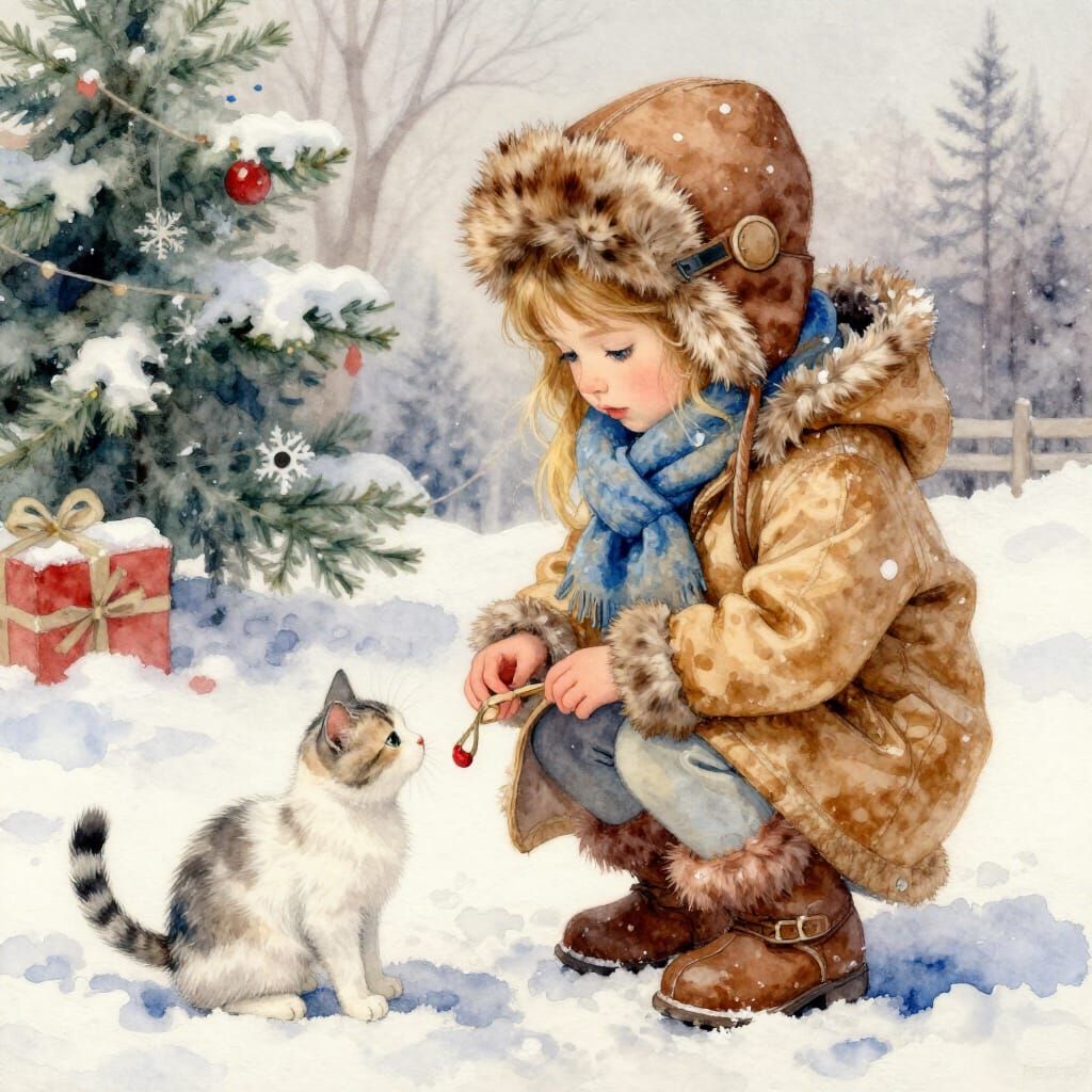 Tender Girl Catches Kitten in Snowy Christmas Scene