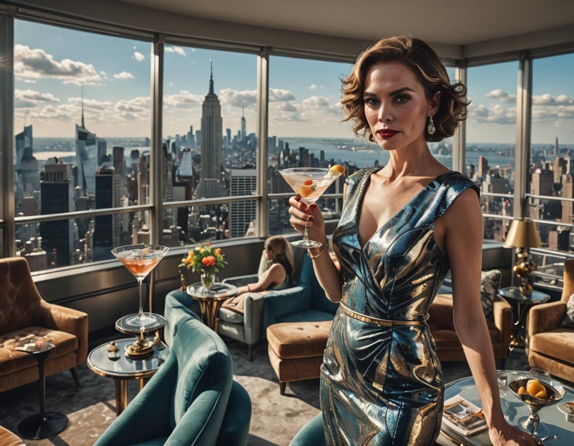 Maximalist Penthouse Interior with Woman in Cocktail Dress