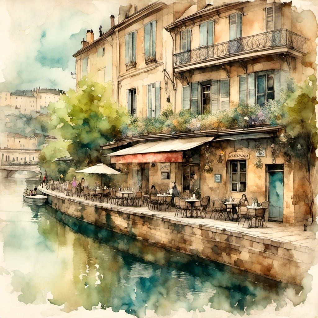 French Riverside Cafe in Gritty Watercolor Style