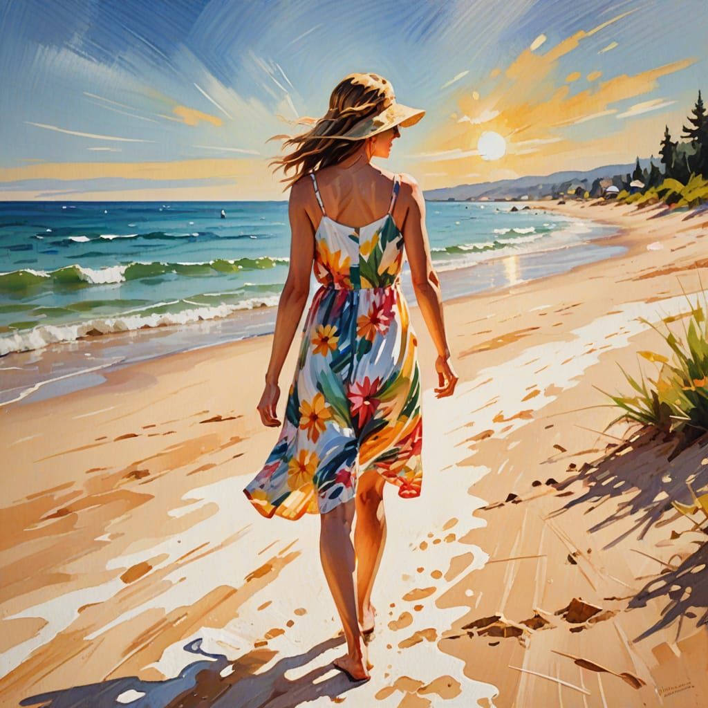 Impressionist Woman on Beach in Summer Sunlight