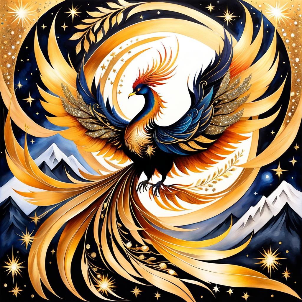Enchanted Phoenix in Moonlit Landscape, Watercolor Art