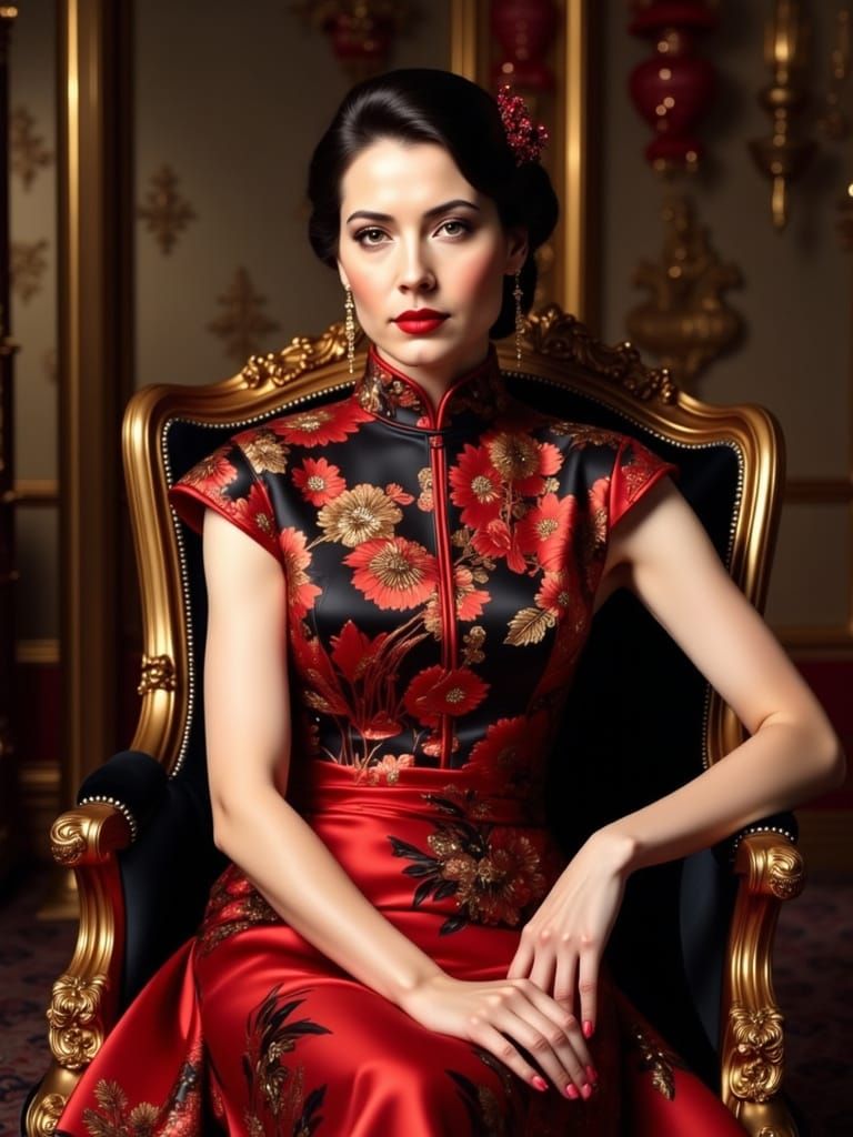 Elegant Portrait of Sauvanne in Red and Black Cheongsam