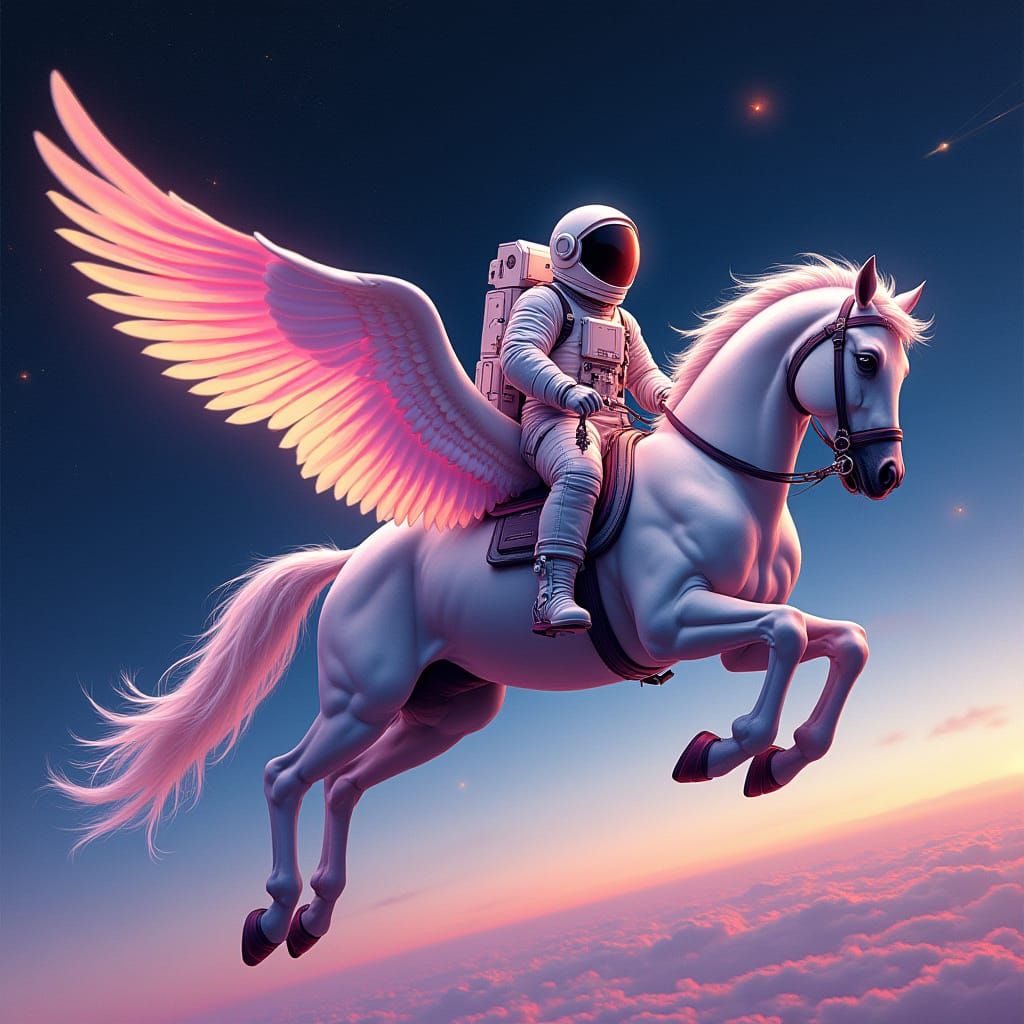 Astronaut Rides Pegasus Through Cosmos in Dreamlike Style