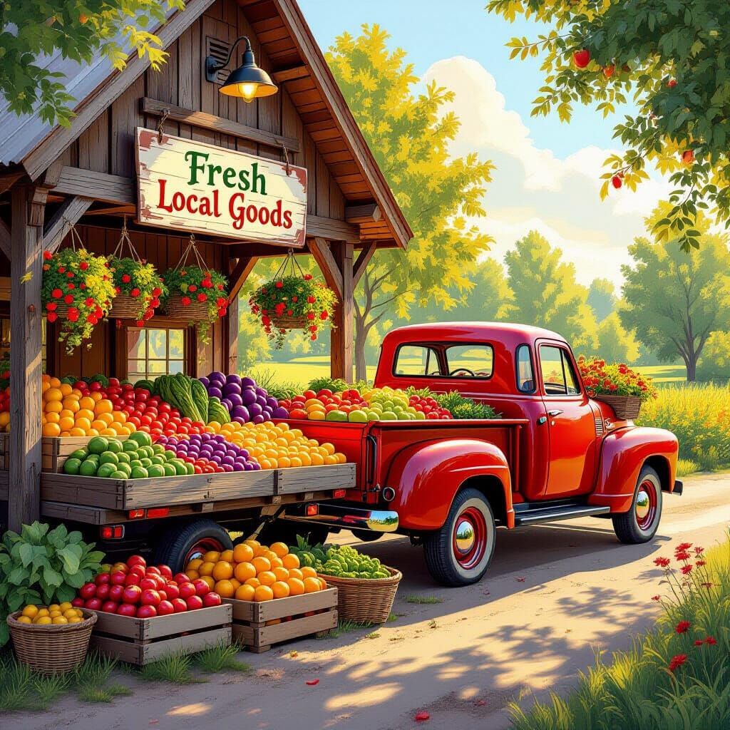 Charming Farmstand with Vintage Truck, Digital Painting