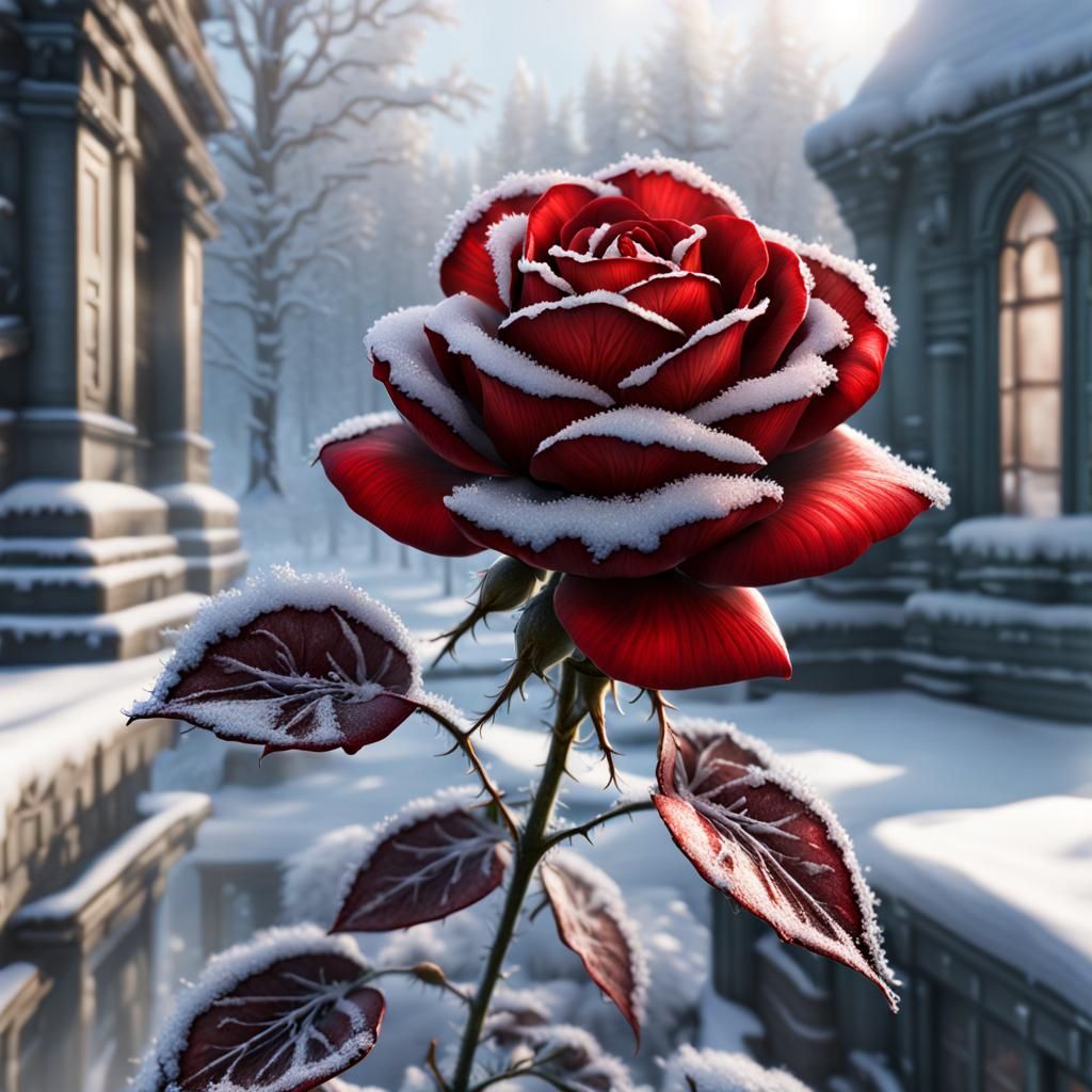 Red Winter Rose with Hoarfrost in Art Deco Style