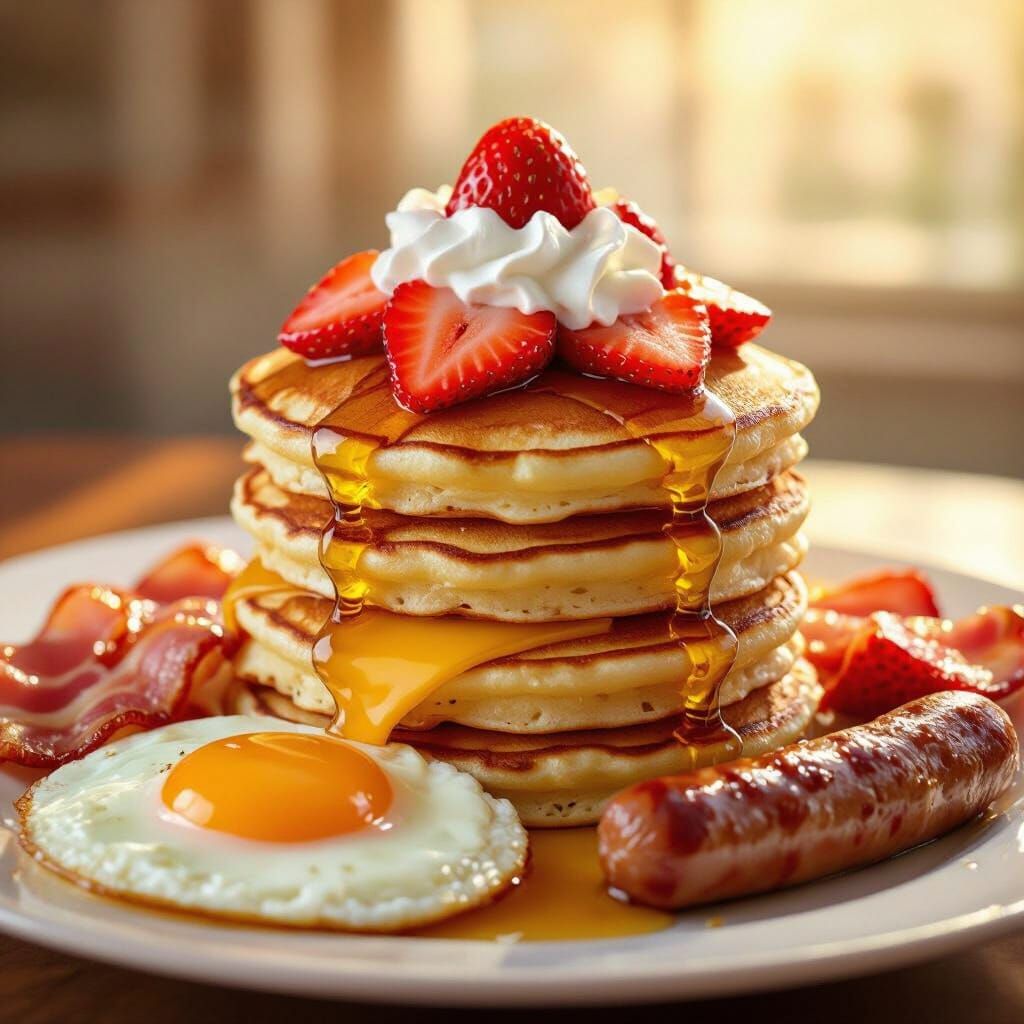 Fluffy Pancake Breakfast with Bacon, Sausage, and Egg