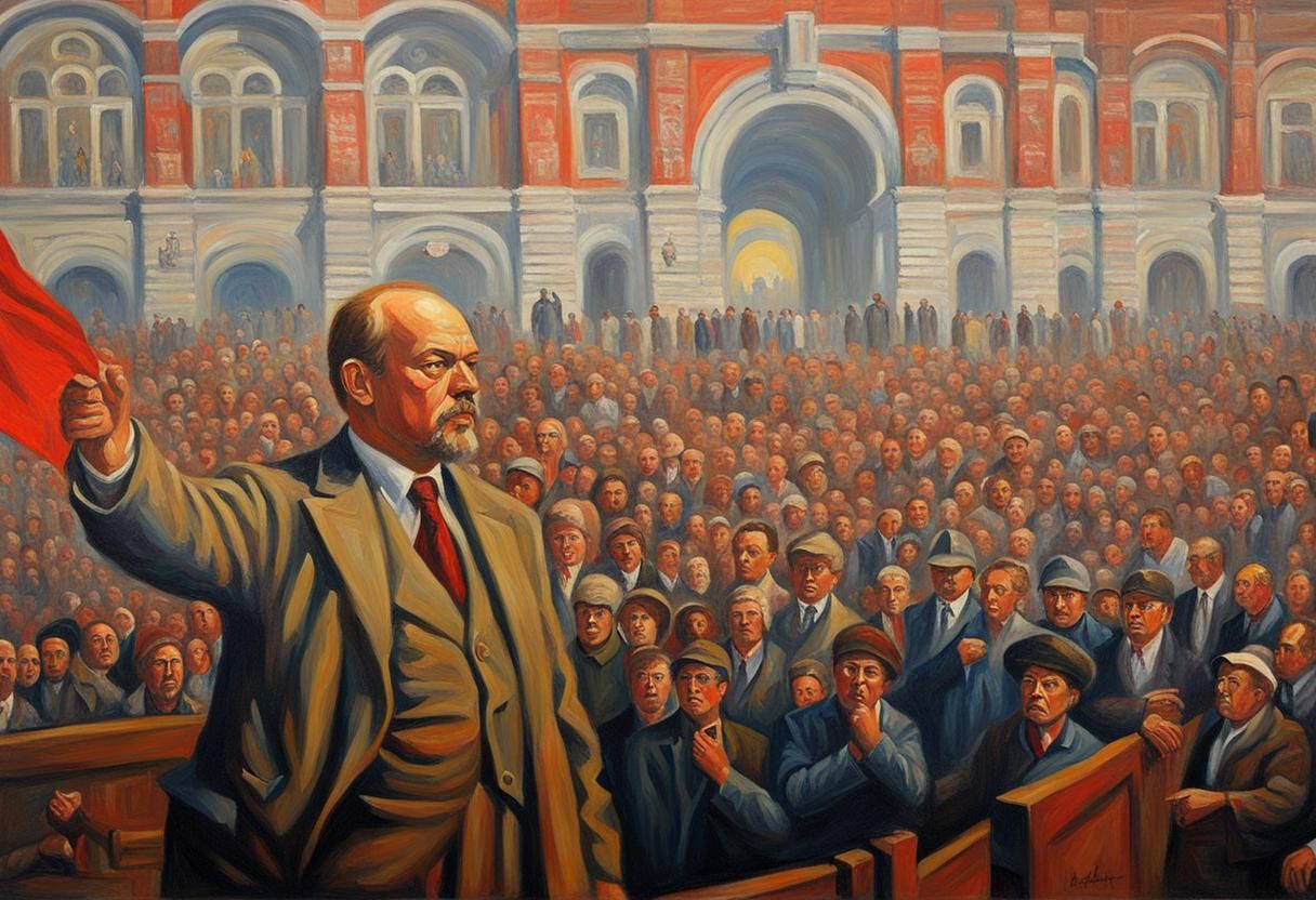 Crowd Scene in Socialist Realism Oil Painting