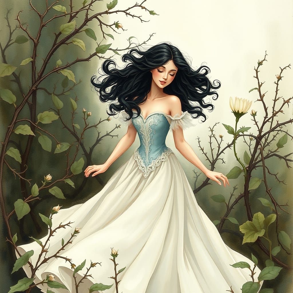 Princess in Castle Garden Amidst Thorny Brambles and Hopeful...