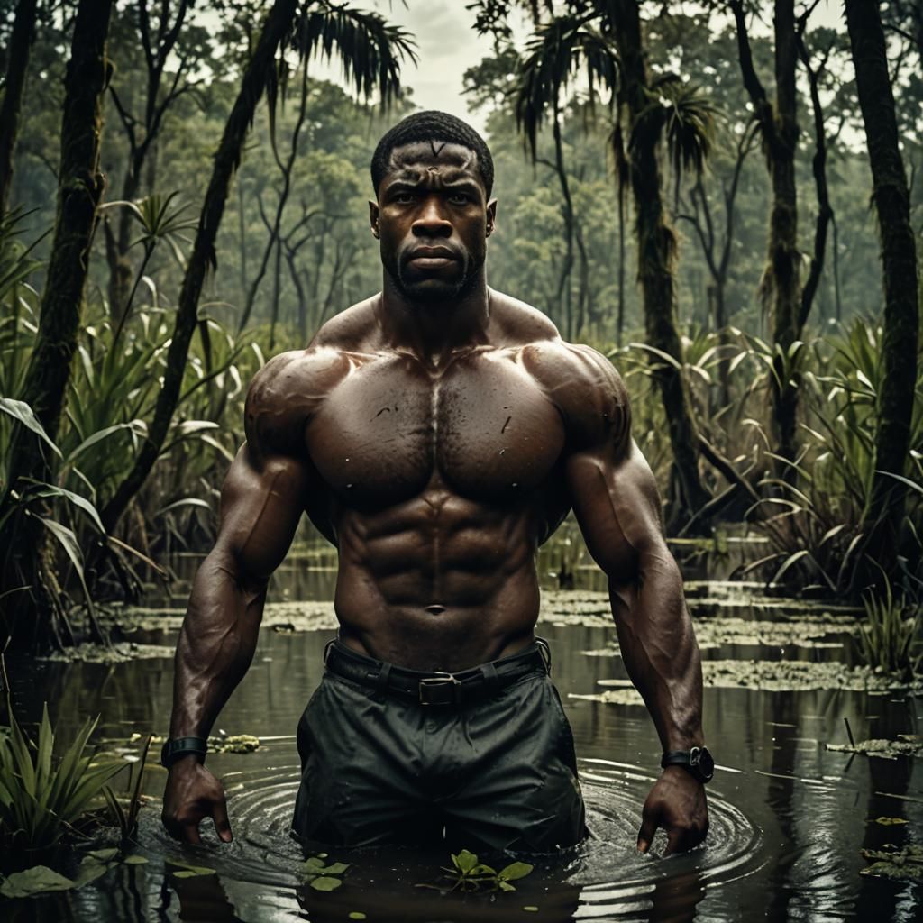 Muscular Man in Swamp: Cinematic Film Still