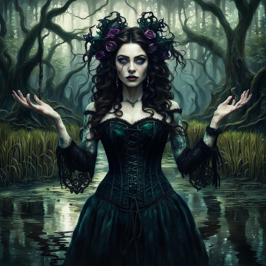 Cajun Bayou Witch Summoning Ghosts: Fantasy Art