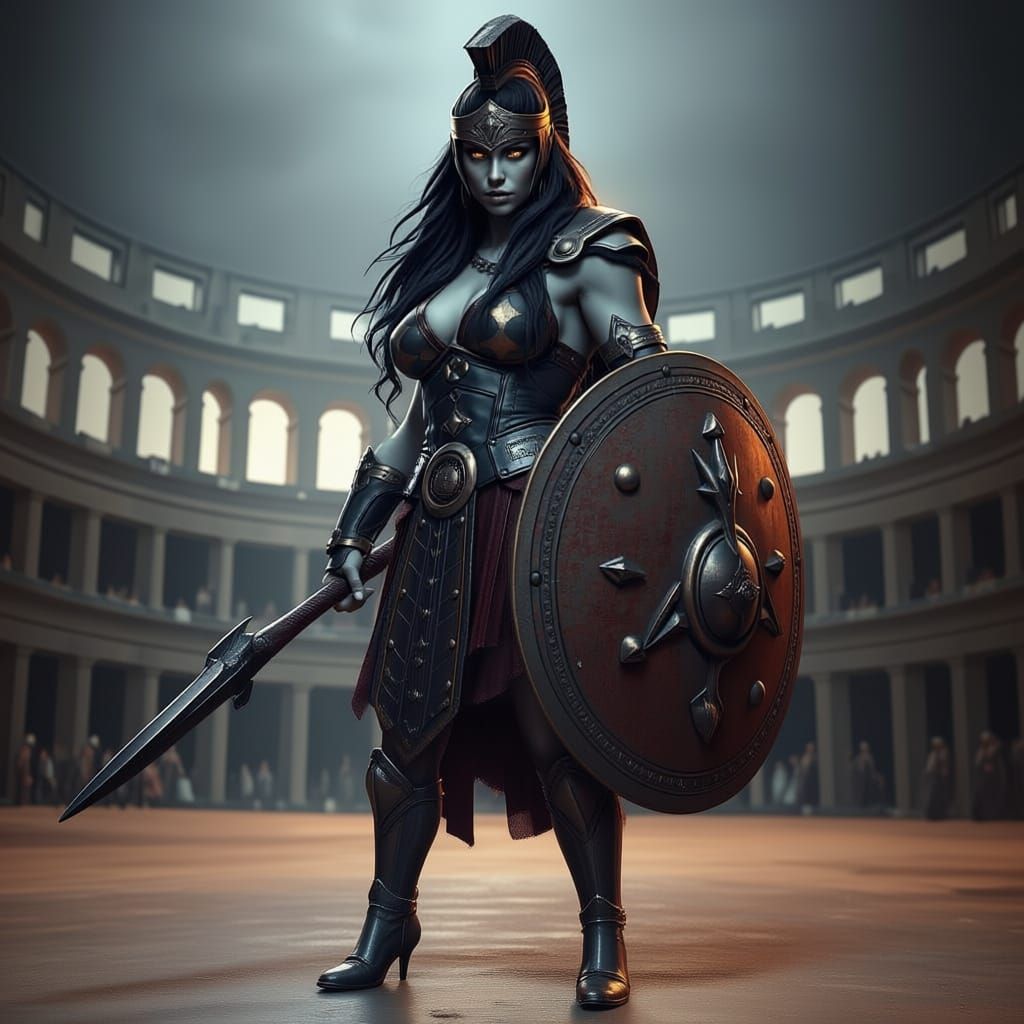Muscular Ogress Champion in Spartan Armor at Roman Arena