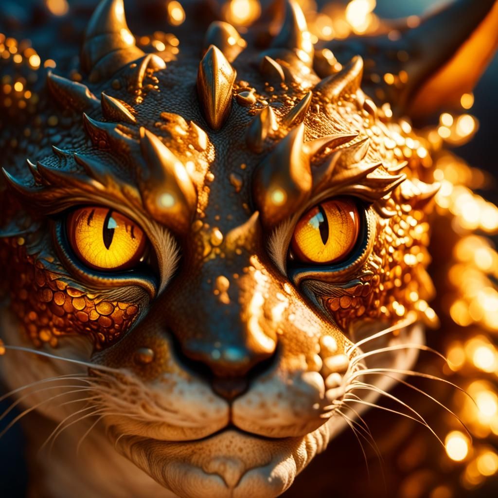 Golden Dragon Cat in Warm, Cinematic Lighting