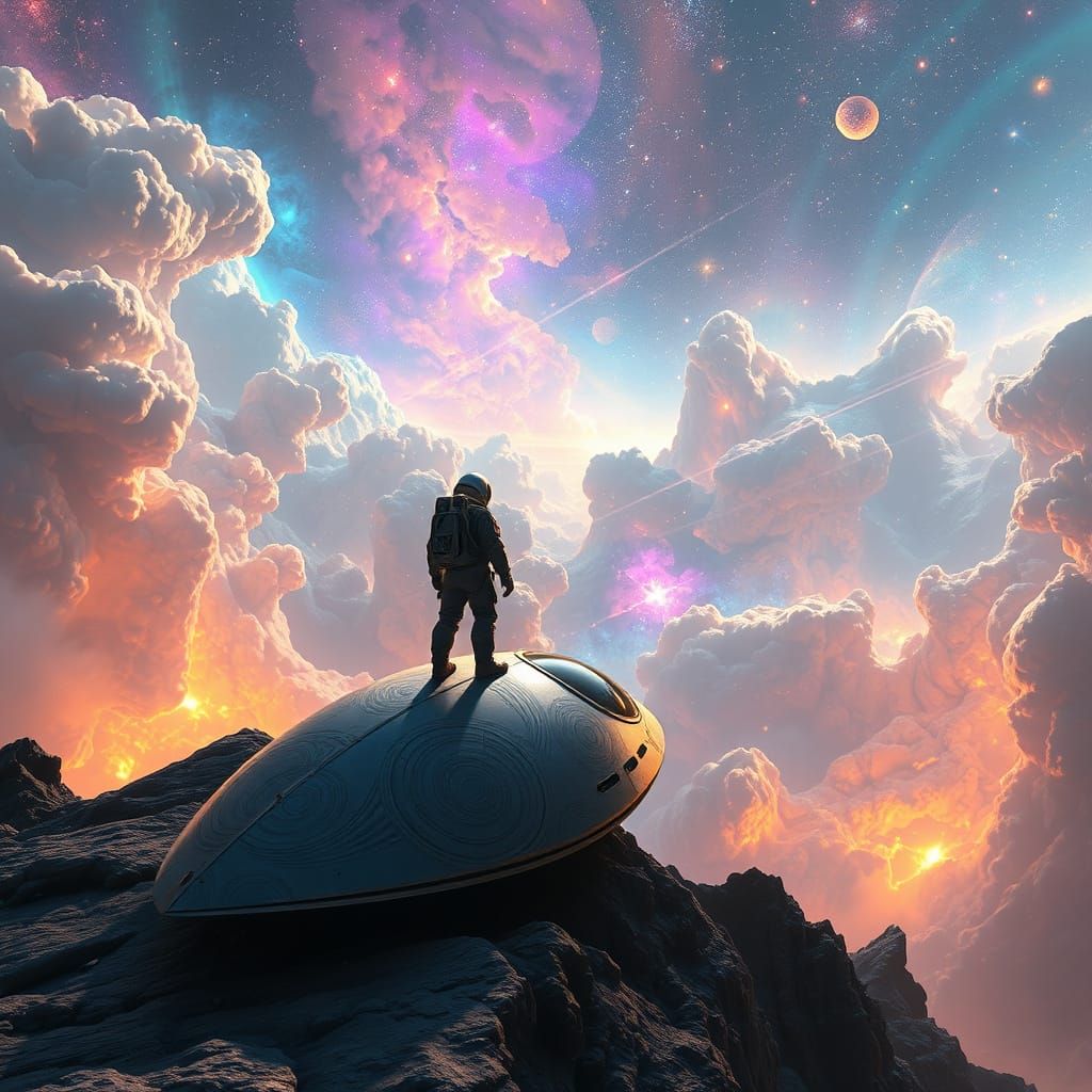 Astronaut at the Edge of a Shimmering Nebula